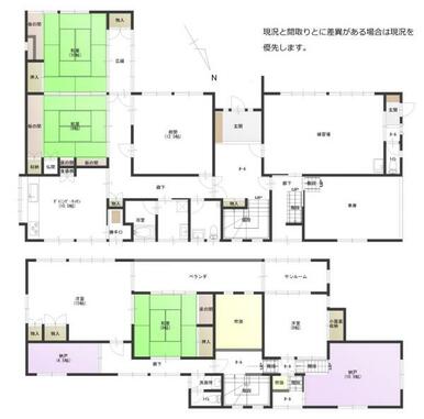 6DK＋2S（納戸）＋練習場の間取りです。間取りと現況とに差異がある場合は現況を優先します。