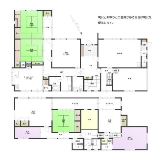 6DK＋2S（納戸）＋練習場の間取りです。間取りと現況とに差異がある場合は現況を優先します。