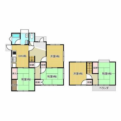 間取は5DK 。建物面積は31.65坪、各部屋6帖以上の広さがあり、ゆとりのある空間です。和室と洋室両方あり、