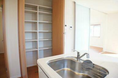 ＬＤＫ収納はパントリー（食料品保存庫）としても利用可能♪可動棚のため、高さの変更も可能です。