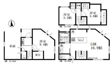 １号棟　２階ＬＤＫ１６．９帖　全居室南向き　主寝室８．３帖にはウォークインクローゼットを完備