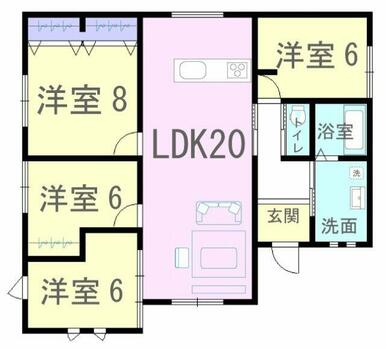 20帖の広々リビングに洋室が４部屋ある間取りです！平屋建てなので老後も生活がしやすいお家です♪