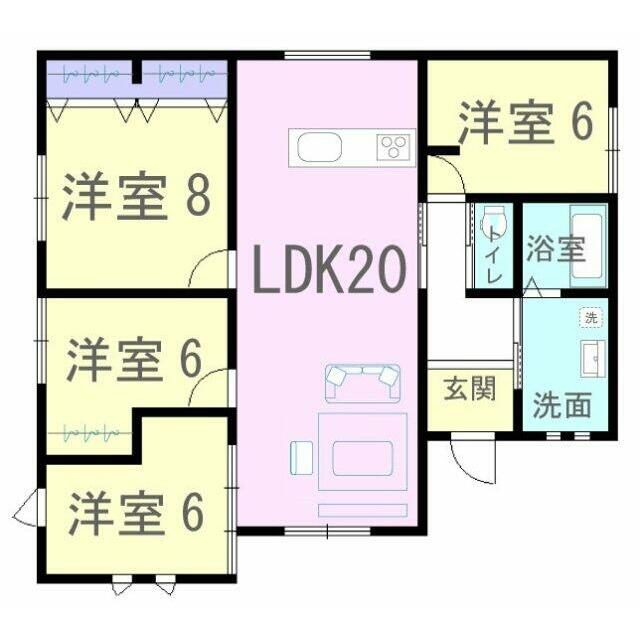 20帖の広々リビングに洋室が４部屋ある間取りです！平屋建てなので老後も生活がしやすいお家です♪