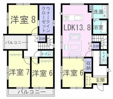 バルコニーが2ヶ所ある人気の間取りです！各洋室6帖以上、ウォークインクローゼットあります！