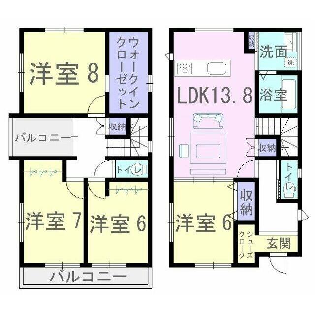 バルコニーが2ヶ所ある人気の間取りです！各洋室6帖以上、ウォークインクローゼットあります！