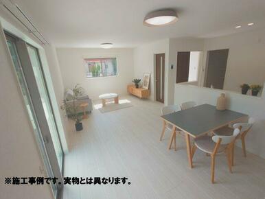 完成予想図 キッチンからリビングまでが一直線になるので配膳や後片付け等の家事動線をまとめやすいです。